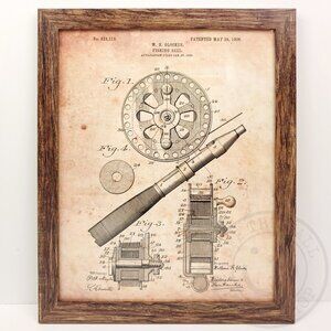 Glocker Fishing Rod Reel Rustic Patent Art Print Decor 11x14" Natural Framed